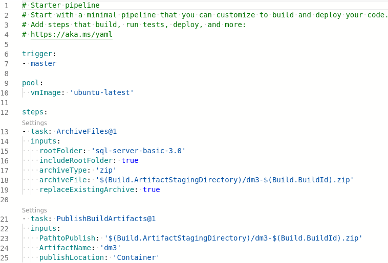 Azure build pipeline, yml view