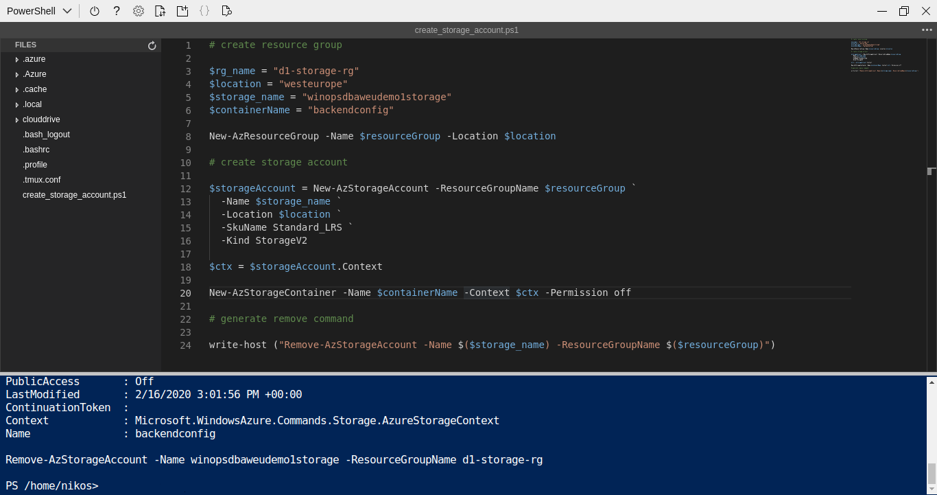 Storage account creation with powershell script in Azure shell